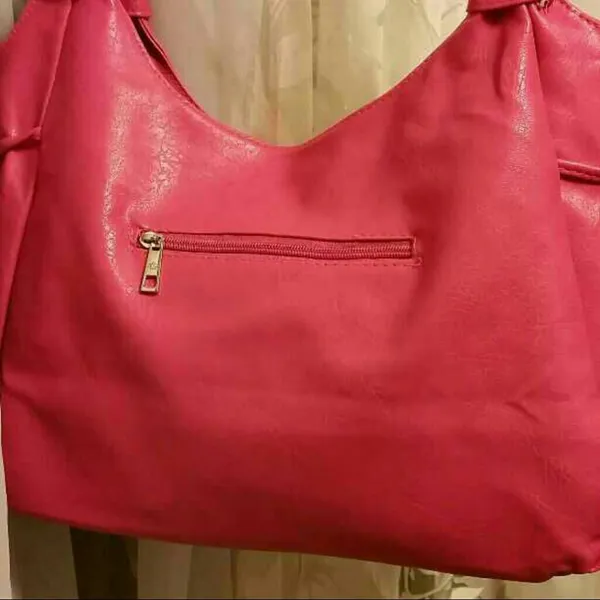Large Pink Shoulder Bag Purse Rhinestone Accent Ruffle Faux Leather Tote - Image 3