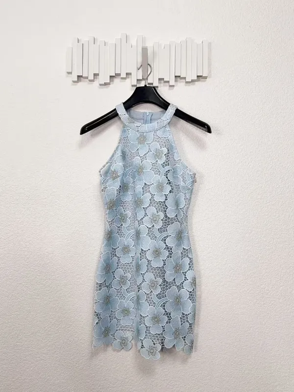 Arose Debbie Floral Lace Mini Dress Blue Sleeveless Sheath Cocktail Dress OS - Image 2