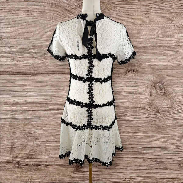 Son Yoon Joo Black White Lace Bows Fitted Pencil Sheer Unlined Dress Coquette - Image 3