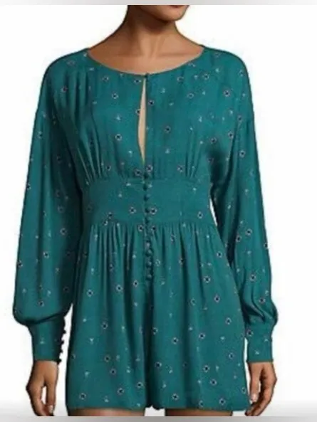 Free People Love Grows Teal Long-Sleeve Romper Size Large - Image 3