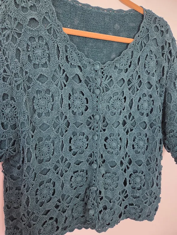 Noile Silk Exchange Blend Teal Green Floral Crochet Sweater Grannycore Cottage - Image 4