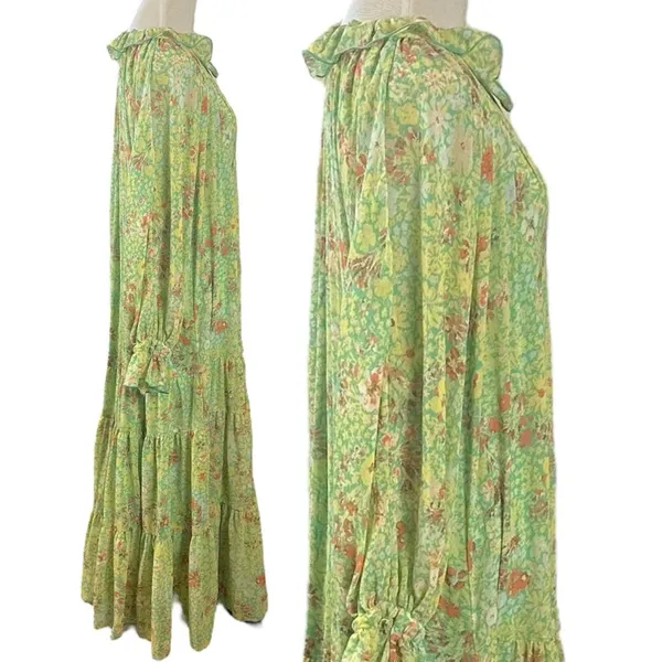 Free People Feeling Groovy Maxi Dress Size XS 70s Chartreuse Floral Bohemian - Image 9
