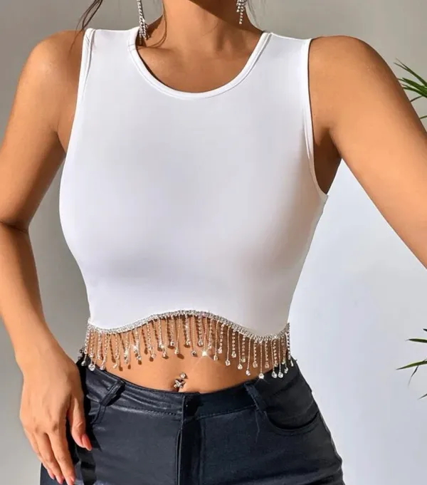 Black Rhinestone Fringe Hem Tank Top Size L - Image 9