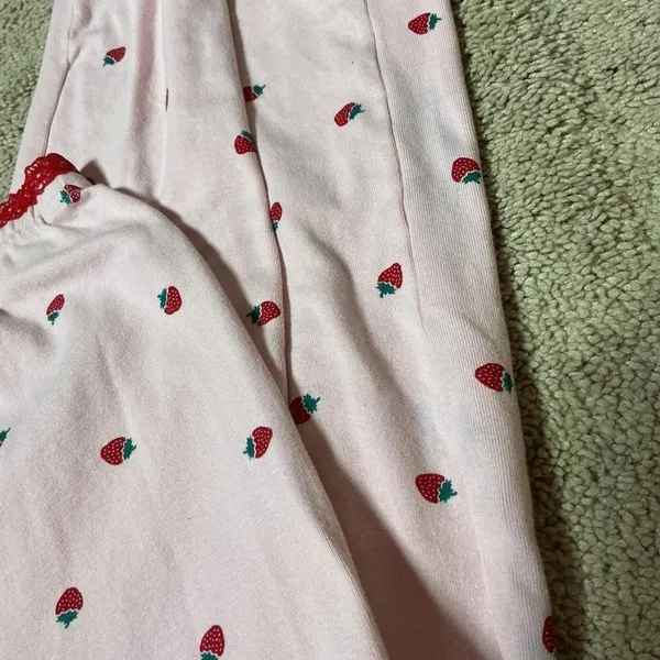 Y2K Pink Strawberry‎ Print Pajama Set Cotton Lace Trim Lettuce Edge Small - Image 6
