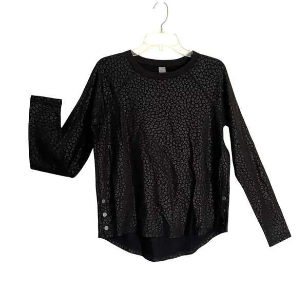 Zuda Sweatshirt Womens Small Black Leopard Print Crewneck Pullover Side Snap - Image 2