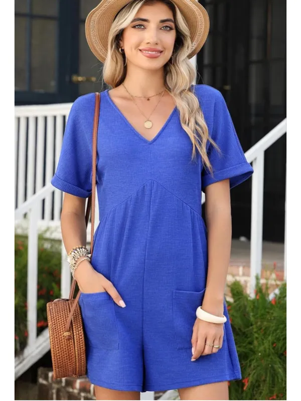 NEW Soft Casual Short Sleeve V Neck Zipper Short Romper M - Image 5