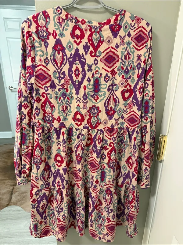 Beach Lunch Lounge Boho Ikat Tiered Mini Dress Pink Purple XS - Image 8