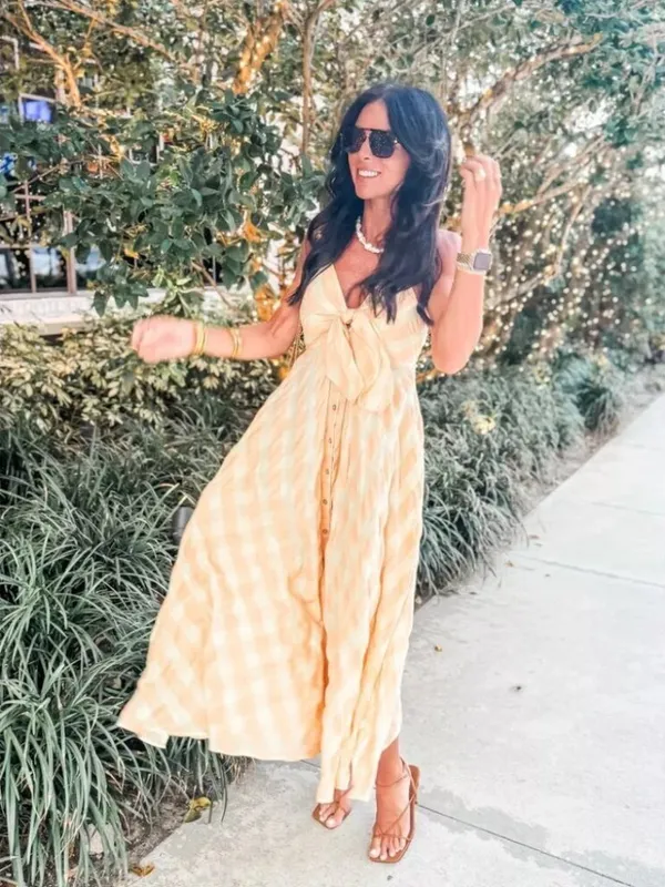 FREE PEOPLE Via Gingham Cotton Seersucker Sundress Creamsicle Combo Eve Medium - Image 16