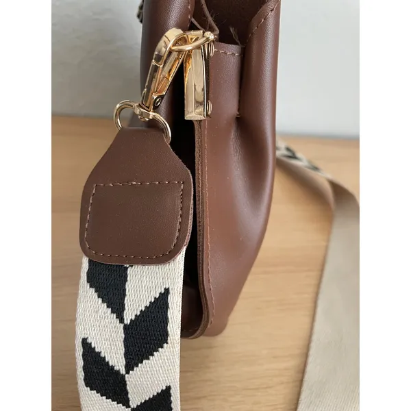 Brown Faux Leather Bag Black Cream Chevron Strap - Image 6
