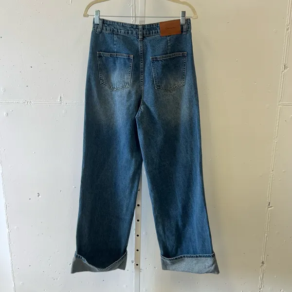 CIDER Women’s Baggy Jeans Straight Wide Leg High Waisted Fold Hem Denim Pants Sm - Image 2