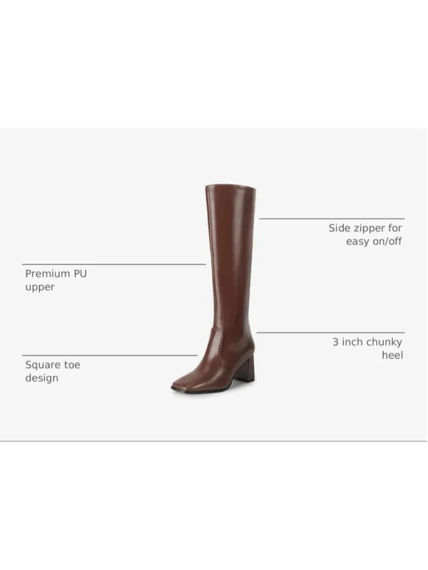 NEW Brown Vegan Leather Knee High Boots Square Toe Chunky 3” Heel Tall 10 - Image 6