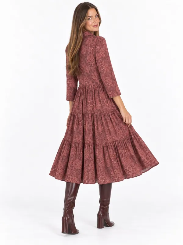 Morris & Co x H&M 6 William Morris Floral Tiered Midi Shirt Dress Burgundy Fall - Image 2