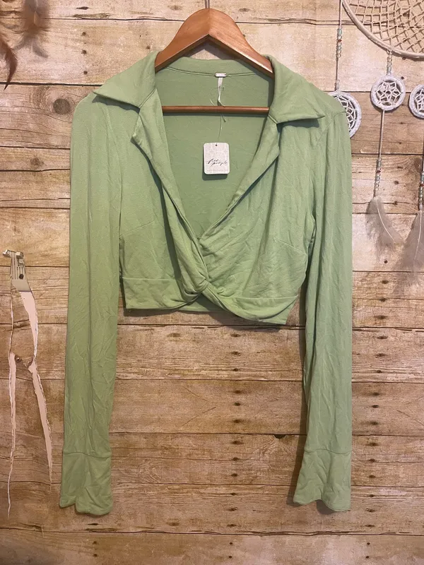 Free People Clara Ruched Long Sleeve in the "La Pera" sage green color - Image 4