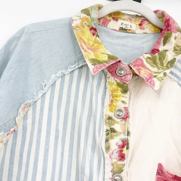 POL Womens Mixed Patchwork Floral Striped Boho‎ Oversized Button Up Shirt Size L - Image 4