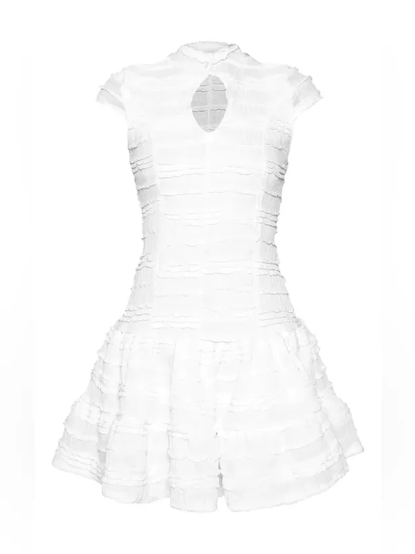 PrettyLittleThing CREAM RUFFLE DETAIL KEYHOLE CAP SLEEVE SHIFT DRESS SZ 10 - Image 4
