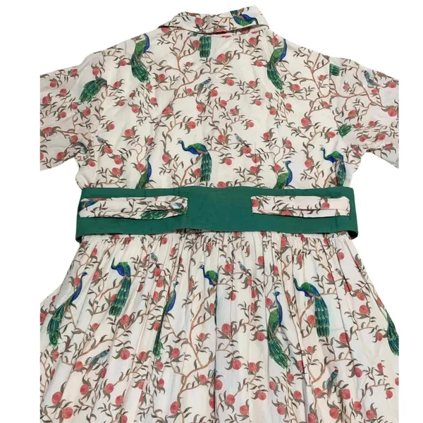 Beau & Ro Peacock Floral Block Print Cotton Midi Shirt Dress S Cream Green Boho - Image 5