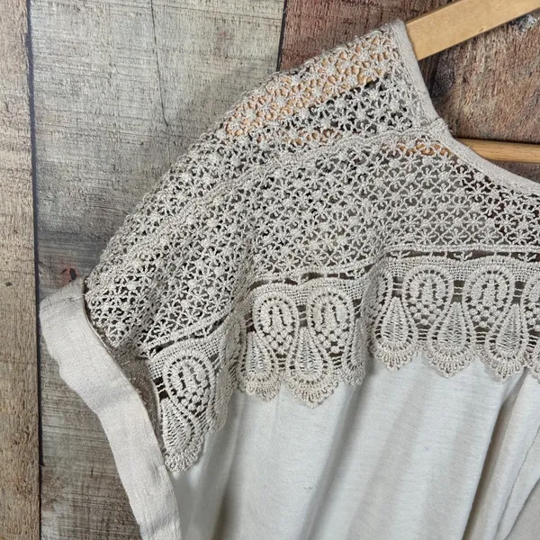 Indigo Rose 1X Beige Crinkle Gauze Blouse Lace Crochet Boho Cottagecore Top Plus - Image 5