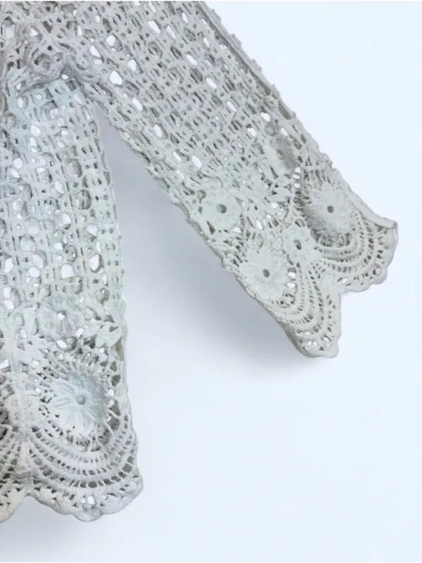 Vintage Style White Crochet Cardigan‎ Open Front Shrug Coquette Boho Knit - Image 6