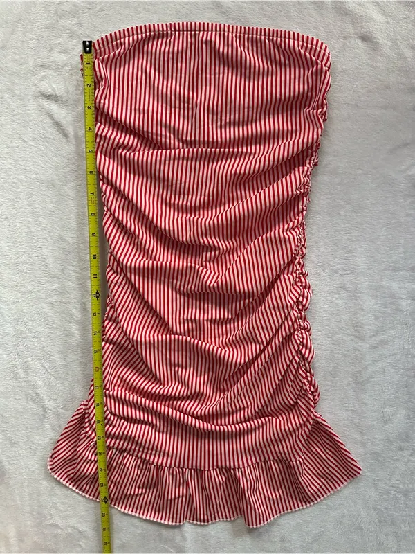 Edikted Gaia Gathered Mini Dress Red White Size XS Ruffle Hem Strapless Ruched - Image 4