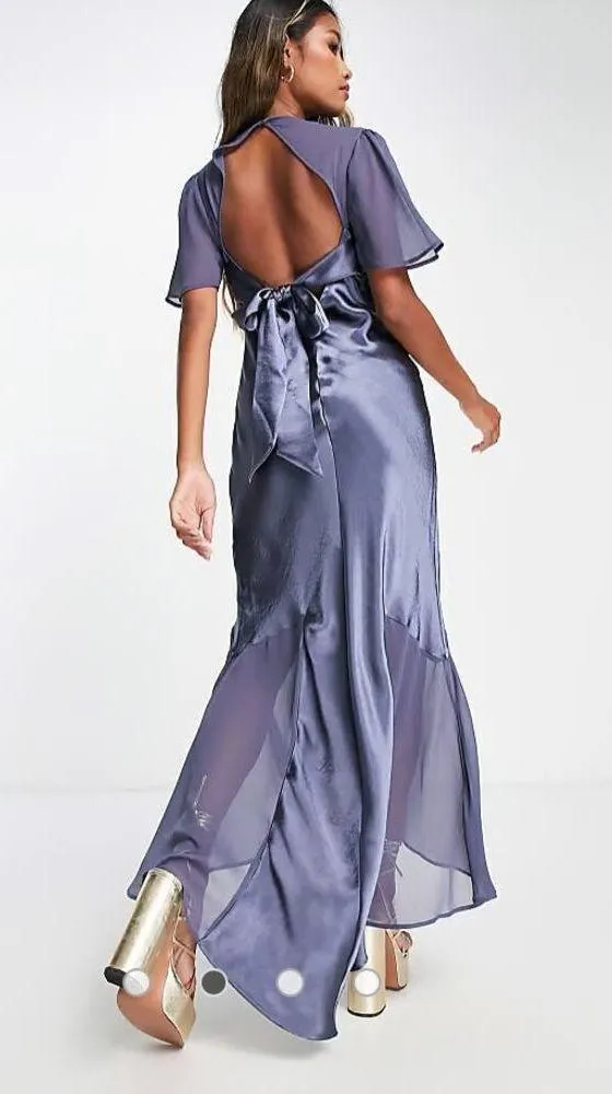 Topshop Satin Mixed Fabric Hi Low Maxi Dress Navy Size 6 - Image 2