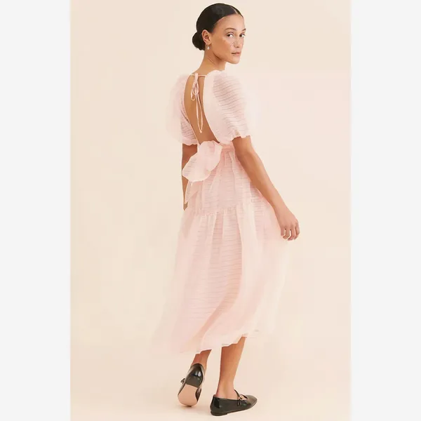 Free People Hailey Dress Size 4 Beautiful Baby Pink Wrap front Midi Dress - Image 3