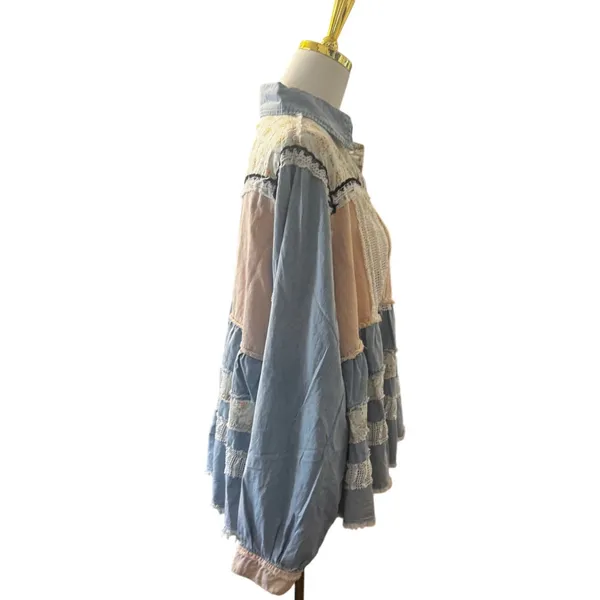 POL Patchwork Lace Tiered Denim Shacket Shirt Jacket Large Boho Cottagecore - Image 2