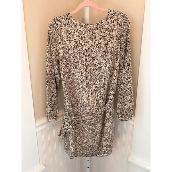 H&M Animal Print Tie Waist Long Sleeve Mini Dress Tan Black Size 10 NWT - Image 2