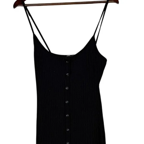 ZARA Ribbed Button Bodycon Midi Dress Strappy Stretch Slim Round Neck M Black - Image 2
