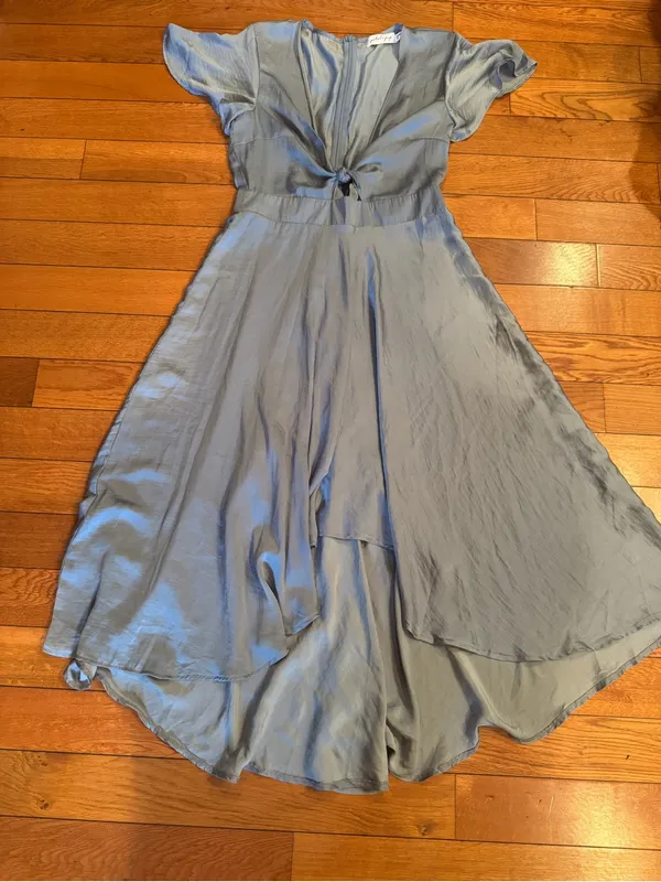 Petal & Pup Amanda High-Low Satin Tie-Front Dress - Dusty Blue Size 8 EUC - Image 3
