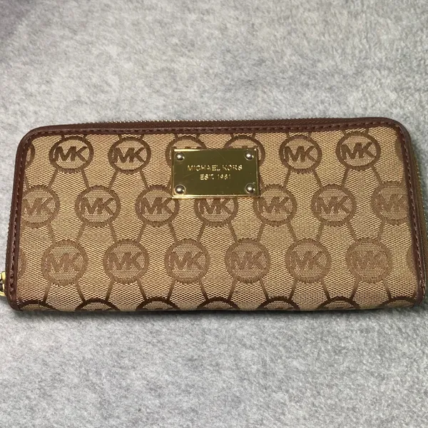 Michael Kors Tote Bag Purse Womens Large Tan Brown Signature Monogram Wallet Set - Image 11