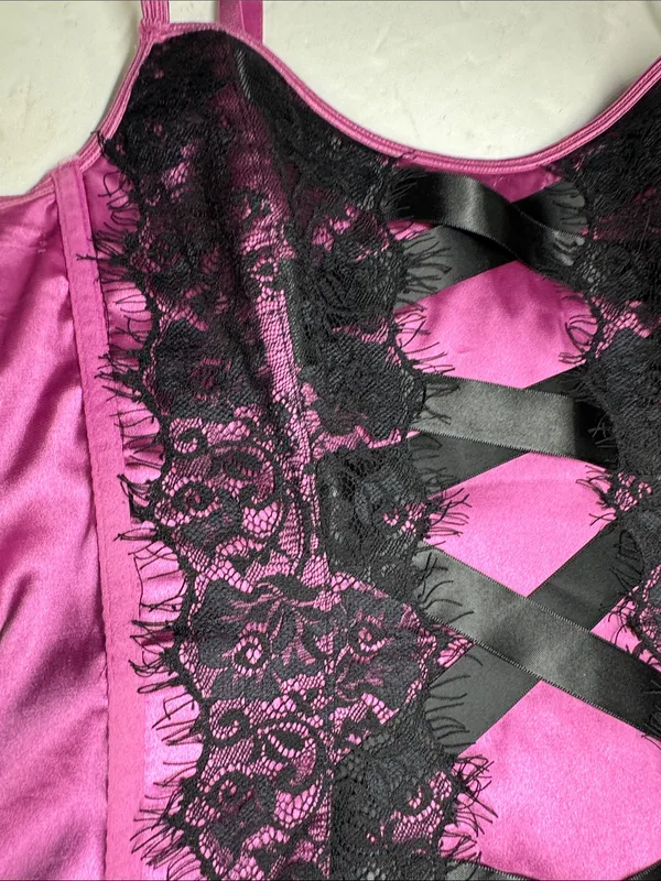 Victoria's Secret purple Pink Satin Chemise top corset Black Lace Crisscross L - Image 5