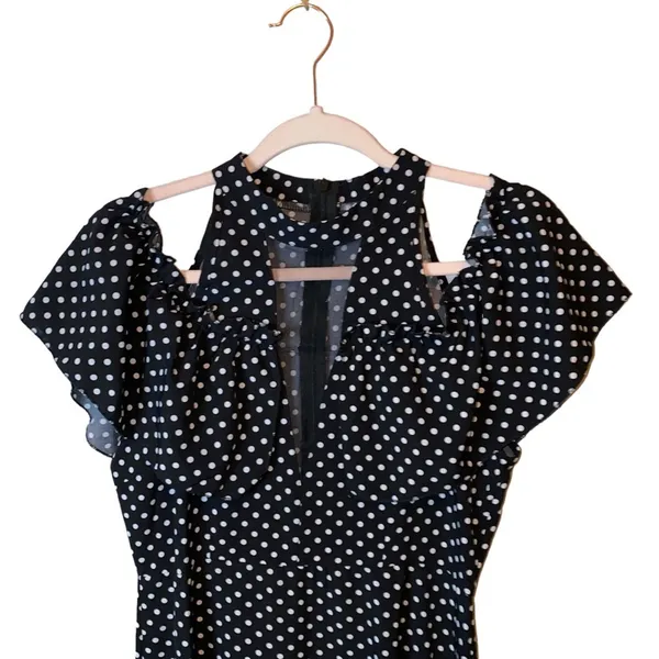 Shein‎ Black White Polka Dot Midi Dress Cold Shoulder Medium - Image 2