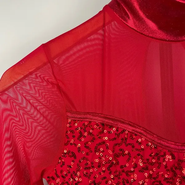 Balera Red Dancewear Sequin and Mesh Long Sleeve Biketard Romper - Image 5