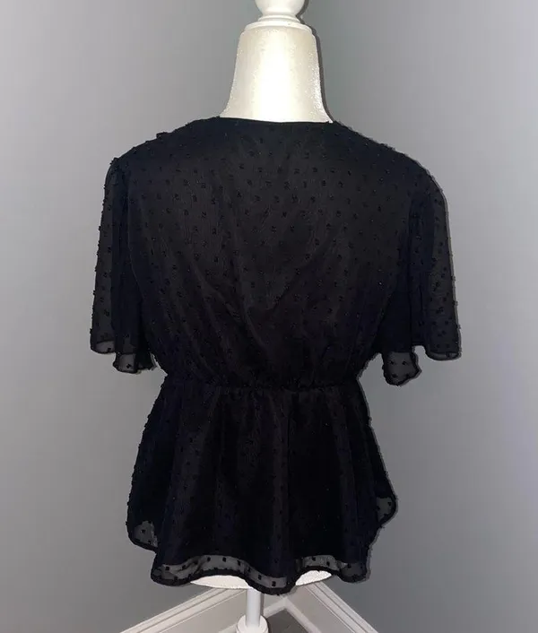 LAYNER Deep V Neck Ruffle Polka Dot Top Pom Pom Peplum Shirt Blouse size large - Image 4