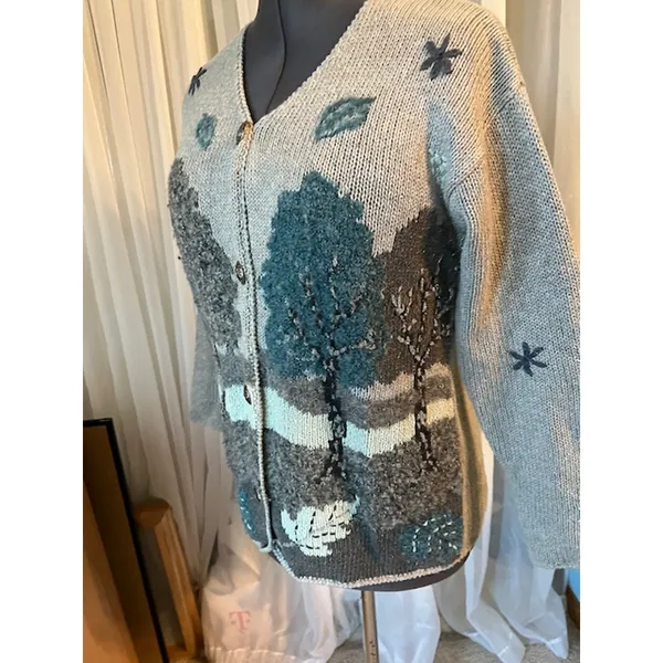 cardigan sweater trees fall landscape green gray Gold - Image 4