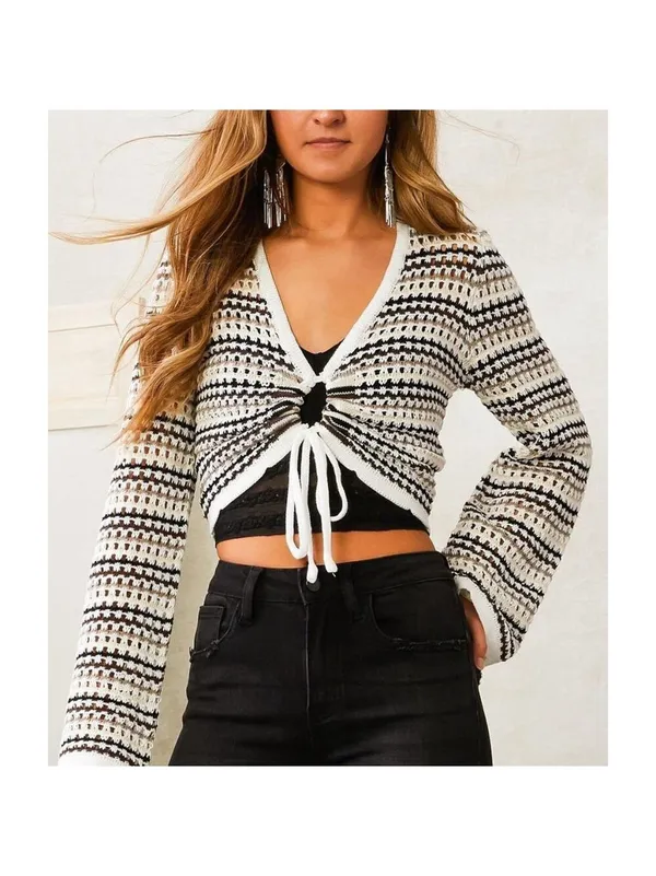 Emory Park Boho Feminine Crochet Knit Cream Multicolored Cropped Sweater - Image 3