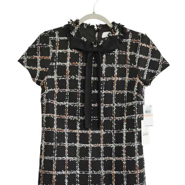 CeCe Size 2 Black Plaid Tweed Shift Dress Bow Neck Fringe NWT Career Chic‎ City - Image 2