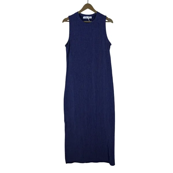 Grace Sleeveless Ribbed Striped Midi Column Dress Navy Blue Minimalist Size L - Image 2
