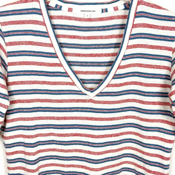 Emerson Fry Hemp Organic Cotton V-Neck Striped Top Sweater Knit Red Blue Medium - Image 7