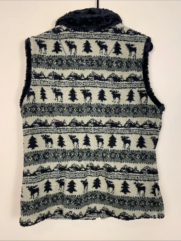 Woolrich Women’s Sherpa Faux Fur Moose Stripe Green Black Tan Zip-Up Vest - Image 4