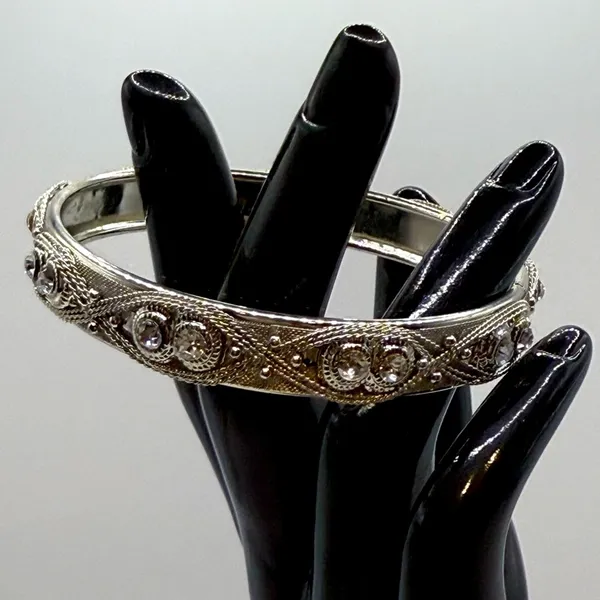 Silver Toned Rhinestone Bangle Bracelet - Image 4