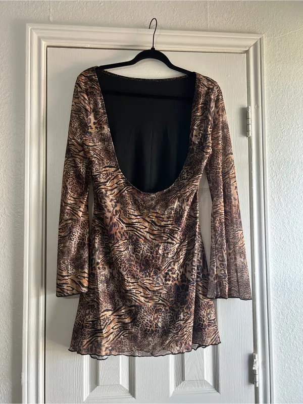 Womens Brown Animal-Print Long-Sleeve Swing Dress - Image 3