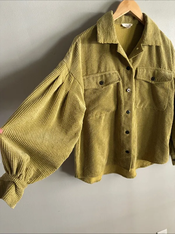 Easel Green Corduroy Shacket Small Oversized Button Front Jacket - Image 3