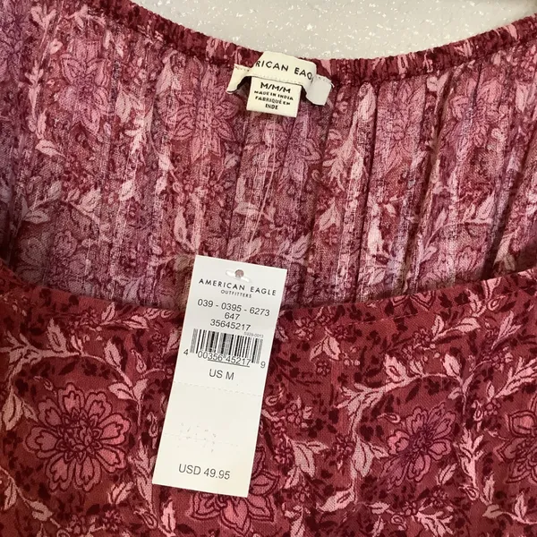 NWT American Eagle Pink Floral Prairie Cottagecore‎ Babydoll Puff Sleeve Dress M - Image 3