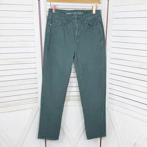 American Eagle Corduroy‎ Crop Pants Mom Straight Jean Teal Green 4 Y2K Twee - Image 2