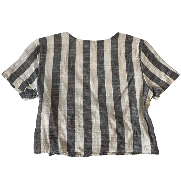Ecote Wrap Top Black Ivory Stripe Cotton Tie Waist‎ Short Sleeve S Boho - Image 2