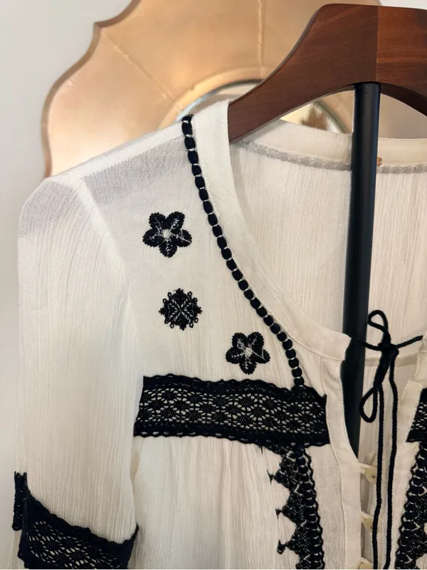 Free People White Button Down Top Black Embroidery & Lace Detail Boho Festival - Image 8