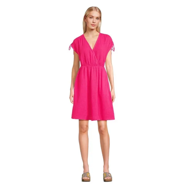 Time and Tru Womens Dress Size XS Pink Midi Front Detail Short Sleeve Flowy - Image 2