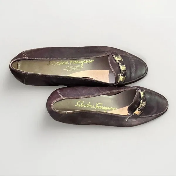 SALVATORE FERRAGAMO Boutique Brown Leather Gancini Link Strap Loafers Size 5‎ B - Image 7