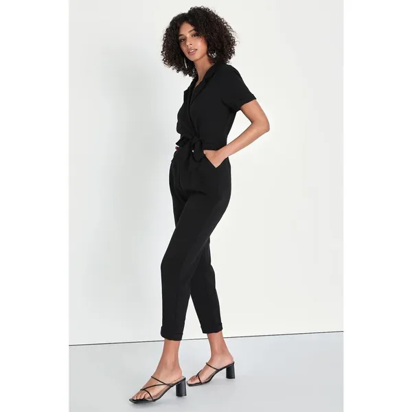 Lulus Sensible Sensation Black Tie-Front Short Sleeve Jumpsuit size Medium - Image 8